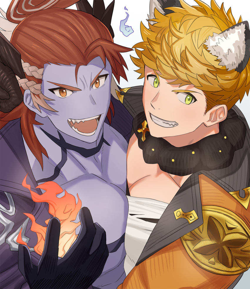 2boys absurdres amainu bara black_coat black_gloves blonde_hair coat fire fur_collar gloves granblue_fantasy green_eyes halloween highres horns jacket large_pectorals long_hair male_focus multicolored_hair multiple_boys muscular muscular_male official_alternate_costume official_alternate_skin_color open_clothes open_coat open_jacket open_mouth orange_eyes orange_jacket pectorals red_hair shirt short_hair smile teeth torn_clothes torn_shirt two-tone_hair vane_(granblue_fantasy) vane_(halloween)_(granblue_fantasy) white_shirt wilnas_(granblue_fantasy) wilnas_(halloween)_(granblue_fantasy)