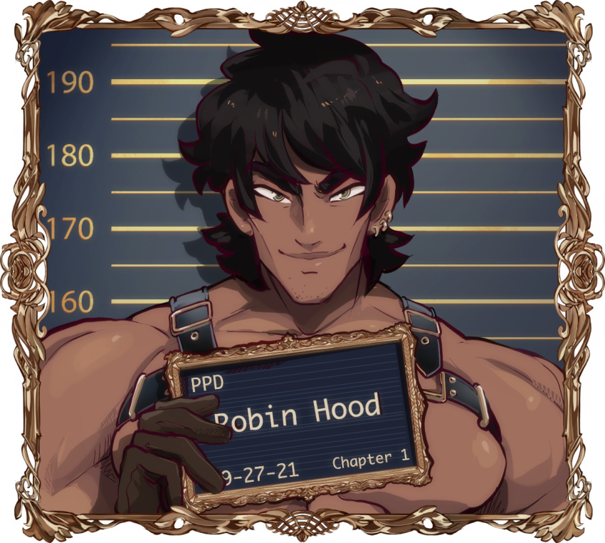 1boy black_gloves border character_name chest_strap closed_mouth dark-skinned_male dark_skin fairytale_police_hoe_department gloves green_eyes grey_background height_chart idoraad looking_at_viewer male_focus mugshot ornate_border portrait robin_hood_(fairytale_police_hoe_department) smile solo v-shaped_eyebrows