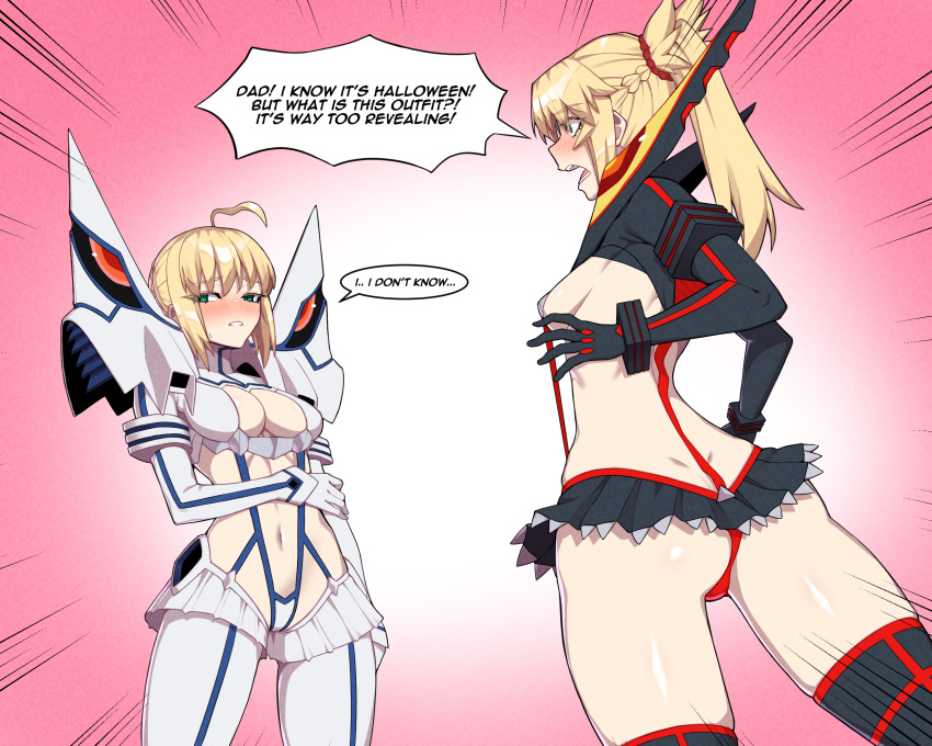 2girls ahoge artoria_pendragon_(fate) ass blonde_hair blush braid breasts cosplay dimples_of_venus embarrassed fate/grand_order fate_(series) gloves green_eyes hair_ornament highres hyperbudd junketsu junketsu_(cosplay) kiryuuin_satsuki kiryuuin_satsuki_(cosplay) long_hair matoi_ryuuko matoi_ryuuko_(cosplay) medium_breasts midriff mordred_(fate) mother_and_daughter multiple_girls navel ponytail red_scrunchie revealing_clothes saber_(fate) scrunchie senketsu senketsu_(cosplay) short_hair showgirl_skirt skindentation speech_bubble suspenders thighhighs thighs