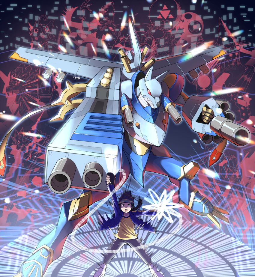 1boy artist_name black_eyes black_hair blitzmon blue_headwear blue_jacket bolgmon calamaramon commentary digimon digimon_(creature) digimon_frontier garummon grey_pants hand_up highres jacket kaiserleomon long_sleeves looking_at_viewer louwemon lower_teeth_only magnagarurumon male_focus mecha mercuremon minamoto_kouji open_mouth pants ranamon robot ryo@ sephirothmon shirt teeth upper_teeth_only white_footwear wolfmon yellow_shirt