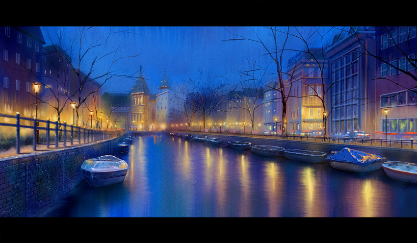 boat building canal car city city_lights commentary_request european_architecture fence lamppost letterboxed motor_vehicle netherlands night no_humans original outdoors real_world_location reflection reflective_water river scenery suzu_(susan_slr97) traffic tree water watercraft