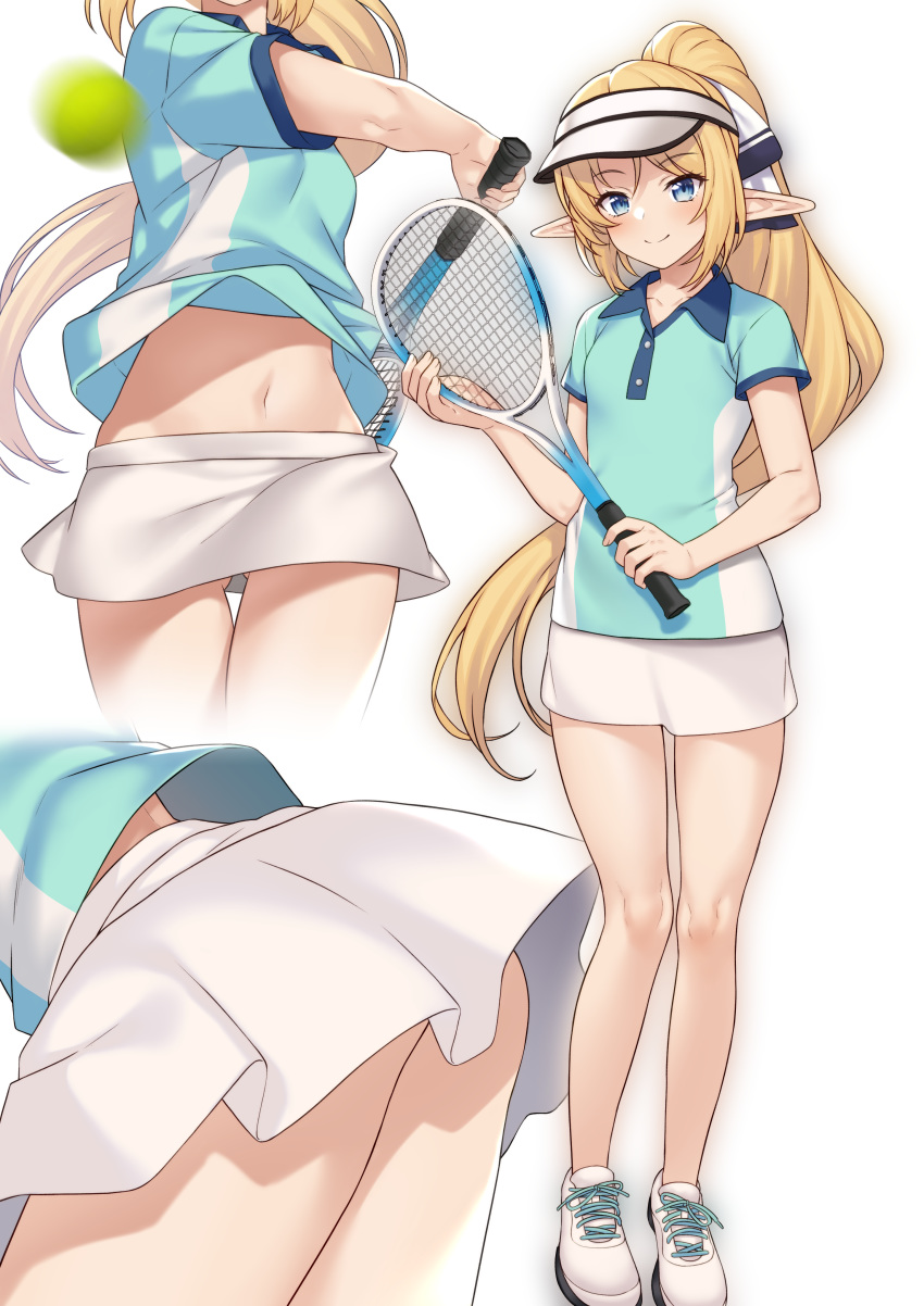 absurdres ass ass_visible_through_thighs ball blonde_hair blue_eyes blush breasts commentary_request elf enjo_kouhai female highres iris_(takunomi) long_hair midriff miniskirt multiple_views navel pointy_ears ponytail racket shirt sidelocks simple_background skirt small_breasts sportswear takunomi tennis tennis_ball tennis_racket tennis_uniform thigh_gap very_long_hair visor_cap white_background