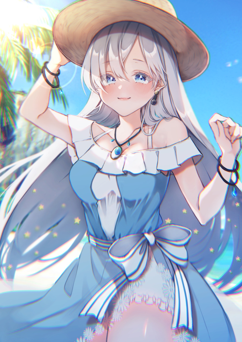 anastasia_(fate) anastasia_(swimsuit_archer)_(fate) anastasia_(swimsuit_archer)_(first_ascension)_(fate) arm_up bare_shoulders blue_dress blue_eyes blue_sky bow bracelet breasts cloud collarbone cowboy_shot day dress earrings eyes_visible_through_hair fate/grand_order fate_(series) female frilled_dress frills grey_hair hair_between_eyes hair_over_one_eye hat highres jewelry long_hair looking_at_viewer medium_breasts necklace off-shoulder_dress off_shoulder outdoors palm_tree pendant signature sky solo star_(symbol) straw_hat suna_co tree two-tone_dress white_bow white_dress