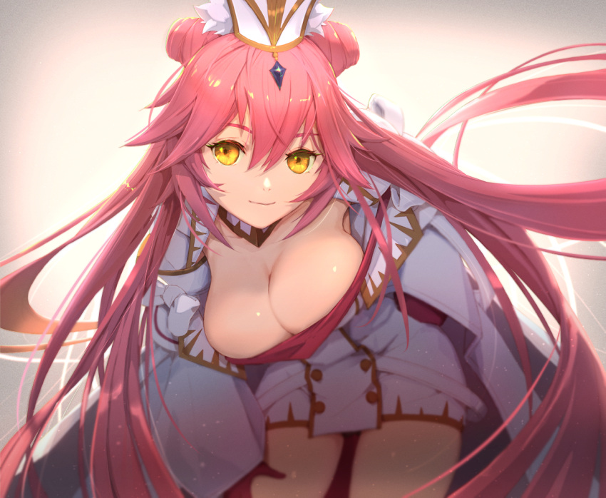 animal_ear_fluff animal_ears blush breasts buttons cleavage coat detached_collar double-breasted double_bun dress fate/grand_order fate_(series) female fox_tail garter_straps gloves hair_between_eyes hair_bun hat koyanskaya_(assassin)_(third_ascension)_(fate) koyanskaya_(fate) large_breasts long_hair long_sleeves looking_at_viewer open_clothes open_coat pink_gloves pink_hair rabbit_ears short_dress sidelocks solo tail tamamo_(fate) tenshin_kagehisa thighhighs thighs very_long_hair white_coat white_dress white_hat white_thighhighs wide_sleeves yellow_eyes