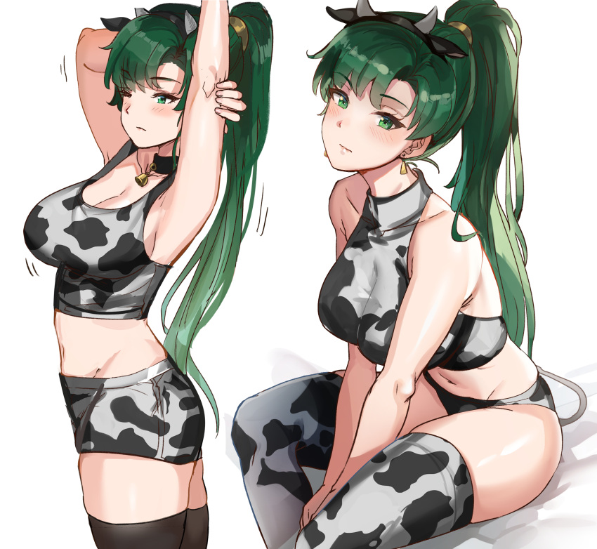 animal_ears animal_print arm_behind_head arm_up armpits asymmetrical_bangs bell blush breasts chinese_zodiac cleavage collar commentary cow_ears cow_horns cow_print earrings fake_animal_ears female fire_emblem fire_emblem:_the_blazing_blade green_eyes green_hair hairband halterneck high_ponytail highres horns jewelry large_breasts long_hair looking_at_viewer lyn_(fire_emblem) midriff multiple_views neck_bell one_eye_closed ormille panties ponytail shorts simple_background sitting stretching symbol-only_commentary tank_top thighhighs underwear very_long_hair white_background year_of_the_ox