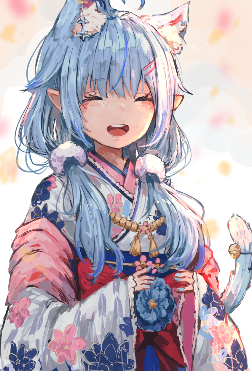 :d ^_^ absurdres ahoge animal_ear_fluff animal_ears blue_flower blue_hair blue_hakama blue_nails blush cat_ears cat_girl cat_tail closed_eyes colored_tips commentary_request facing_viewer female floral_print flower hair_between_eyes hair_over_shoulder hakama hakama_skirt heart heart_ahoge highres hololive japanese_clothes kemonomimi_mode kimono long_hair long_sleeves low_twintails multicolored_hair nail_polish nyucha obi official_alternate_hairstyle open_mouth pointy_ears print_kimono red_flower round_teeth sash skirt sleeves_past_wrists smile solo streaked_hair tail teeth twintails upper_teeth_only virtual_youtuber white_kimono wide_sleeves yukihana_lamy yukihana_lamy_(new_year)