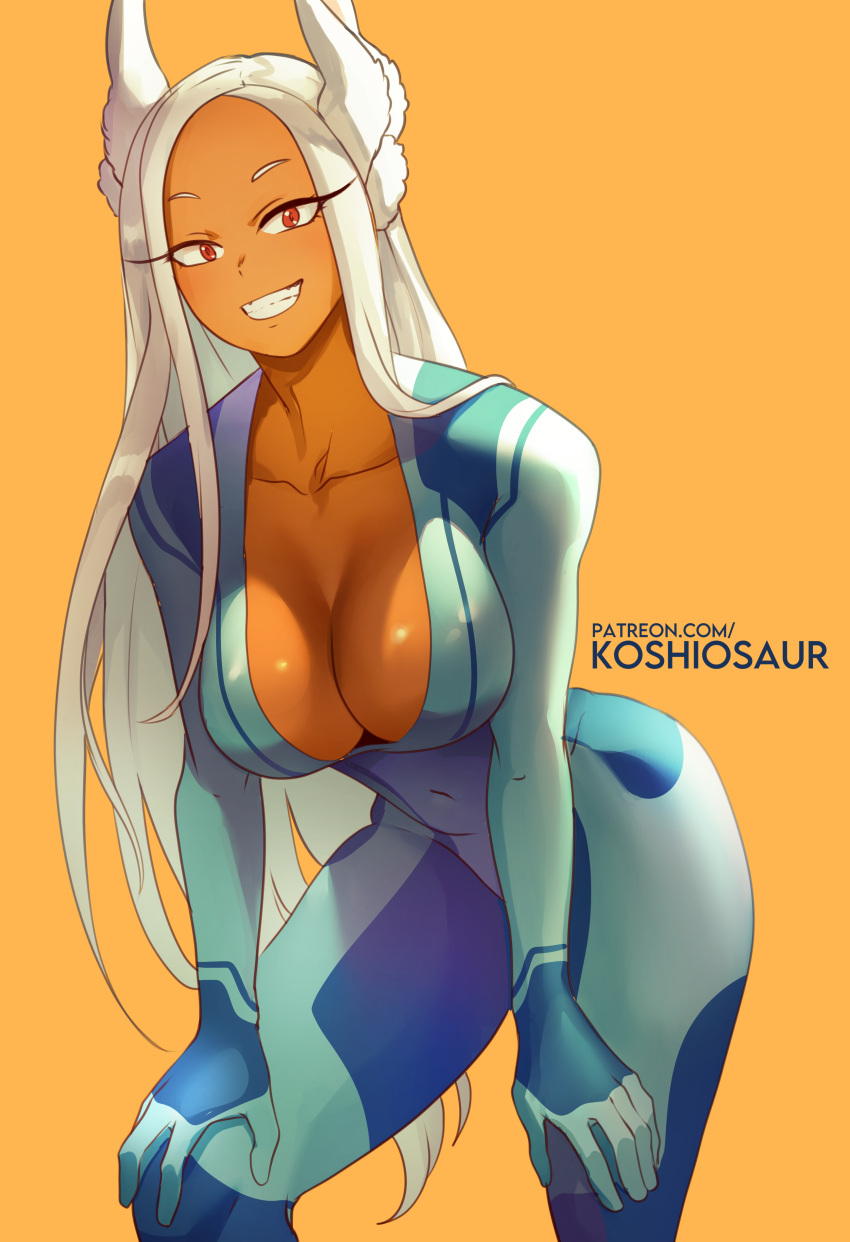 absurdres animal_ear_fluff animal_ears bad_id bad_pixiv_id blue_bodysuit bodysuit boku_no_hero_academia breasts cosplay covered_navel dark-skinned_female dark_skin female forehead grin hands_on_own_thighs highres koshio large_breasts leaning_forward long_eyelashes long_hair looking_at_viewer metroid mirko no_bra orange_background plunging_neckline rabbit_ears rabbit_girl red_eyes samus_aran samus_aran_(cosplay) skin_tight smile solo very_long_hair white_hair zero_suit