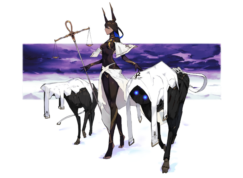 animal_ears ankh black_hair blue_eyes blue_hair covered_navel dark_skin egyptian female full_body glowing glowing_eyes jewelry kureta_(nikogori) long_hair multicolored_hair original skin_tight staff tiptoes two-tone_hair