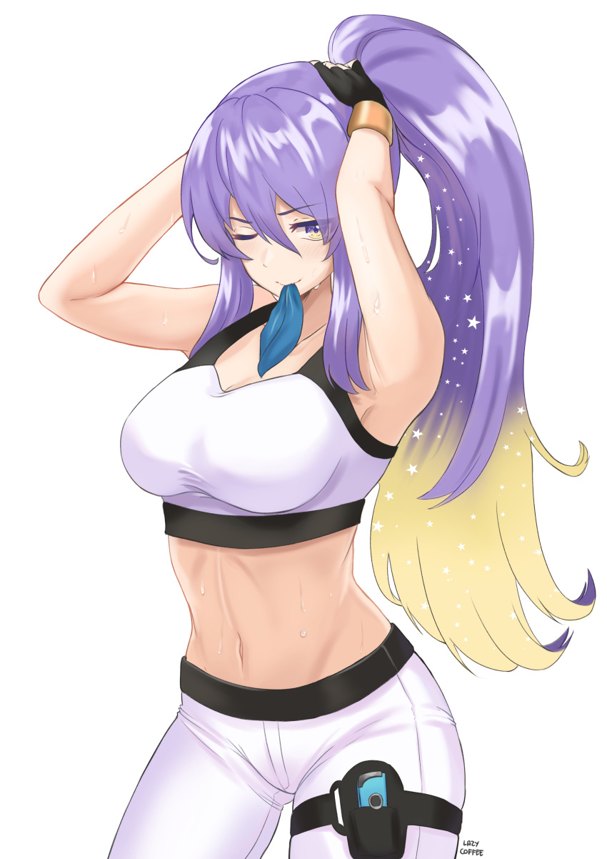 absurdres alternate_costume alternate_hairstyle armpits artist_name black_gloves blonde_hair bracelet breasts colored_inner_hair crop_top female gloves gradient_hair hair_tie_in_mouth high_ponytail highres hololive hololive_indonesia jewelry joy-con large_breasts lazycoffee_(wyen_iscordo) midriff moona_hoshinova mouth_hold multicolored_eyes multicolored_hair navel nintendo nintendo_switch one_eye_closed pants ponytail purple_eyes purple_hair ring_fit_adventure shirt sidelocks simple_background solo star_(symbol) starry_hair sweat taut_clothes taut_shirt thigh_strap thighs tying_hair virtual_youtuber white_background white_pants yellow_eyes