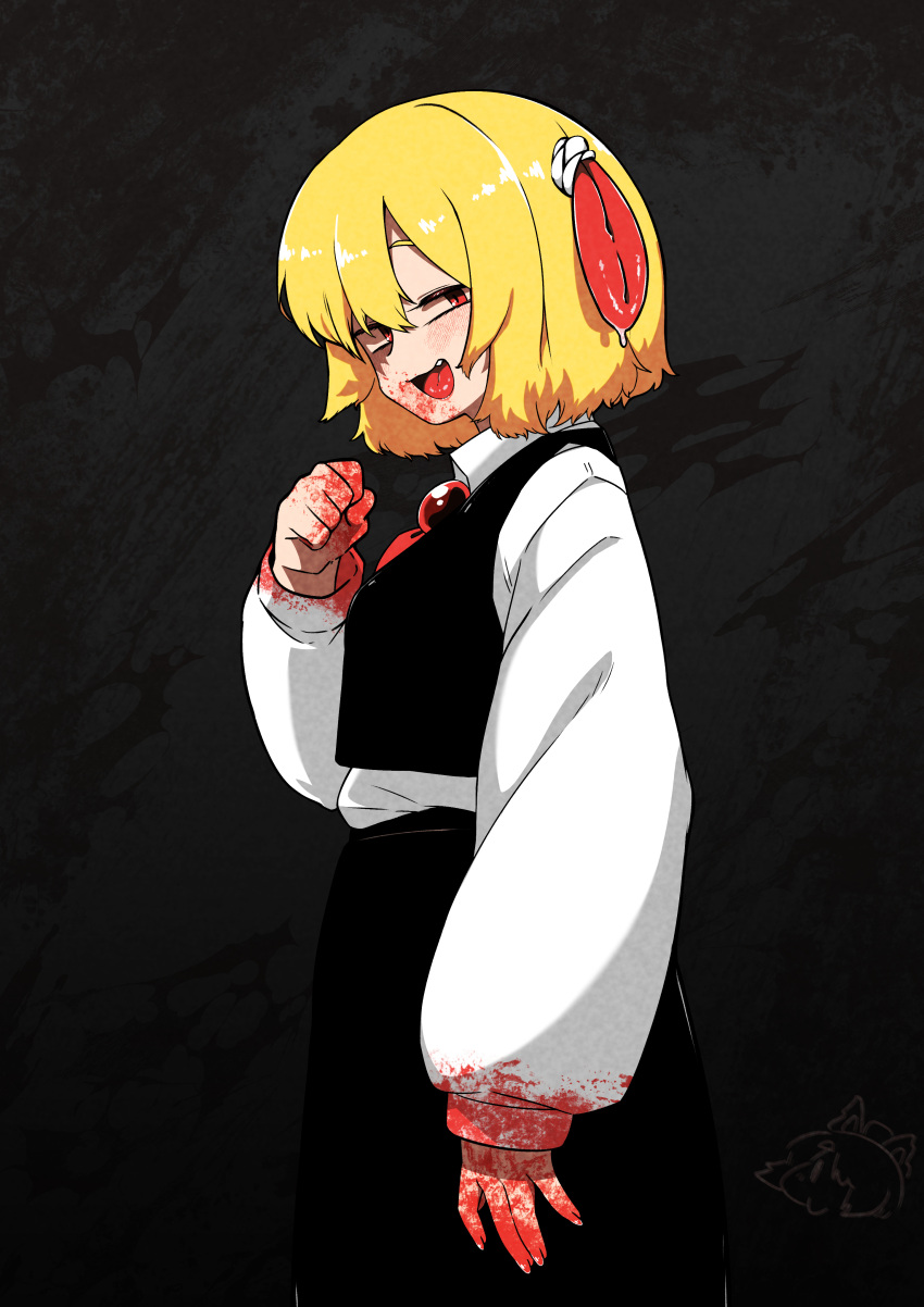 absurdres black_skirt black_vest blonde_hair blood blood_on_clothes blood_on_face blood_on_hands blush breasts character_watermark collared_shirt commentary_request cowboy_shot female from_side grey_background hair_between_eyes hair_ribbon highres long_sleeves looking_at_viewer looking_to_the_side medium_bangs oerba_yun_fang open_mouth red_eyes red_ribbon ribbon rinyamame rumia shirt short_hair skirt skirt_set small_breasts smile solo tongue tongue_out touhou vest white_shirt