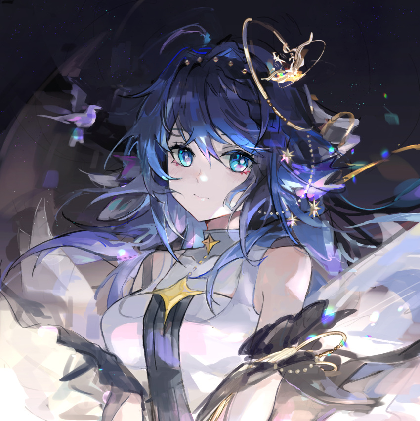 arknights astesia_(arknights) astesia_(frlibe_on_the_palace)_(arknights) bare_shoulders bird black_sleeves blue_eyes blue_hair chinese_commentary commentary_request detached_sleeves dress female hair_between_eyes hair_intakes hair_ornament highres long_hair looking_at_viewer official_alternate_costume qianzhu sleeveless sleeveless_dress solo star_(symbol) star_hair_ornament white_dress