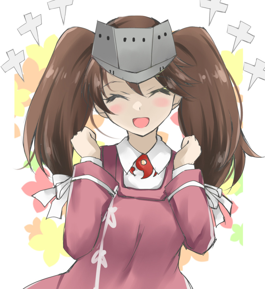 brown_hair clenched_hand closed_eyes collared_shirt commentary_request facing_viewer female gakky japanese_clothes kantai_collection kariginu long_sleeves magatama one-hour_drawing_challenge red_shirt ryuujou_(kancolle) ryuujou_kai_ni_(kancolle) shikigami shirt solo twintails visor_cap