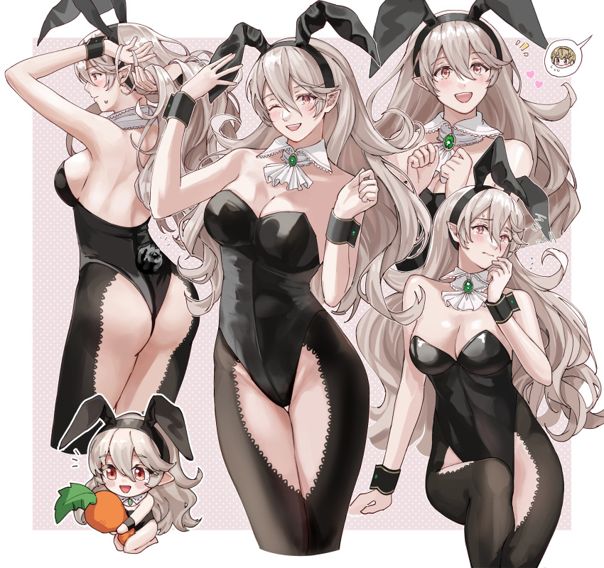 absurdres animal_ears arm_support ass bare_shoulders blush breasts carrot chibi commentary corrin_(female)_(fire_emblem) corrin_(fire_emblem) detached_collar fake_animal_ears fake_tail female fire_emblem fire_emblem_fates from_behind hair_ornament hand_up highres leo_(fire_emblem_fates) leotard long_hair looking_at_viewer medium_breasts multiple_views one_eye_closed open_mouth pointy_ears rabbit_tail red_eyes sitting sobasakuhin speech_bubble strapless strapless_leotard sweat sweatdrop symbol-only_commentary tail white_hair wrist_cuffs