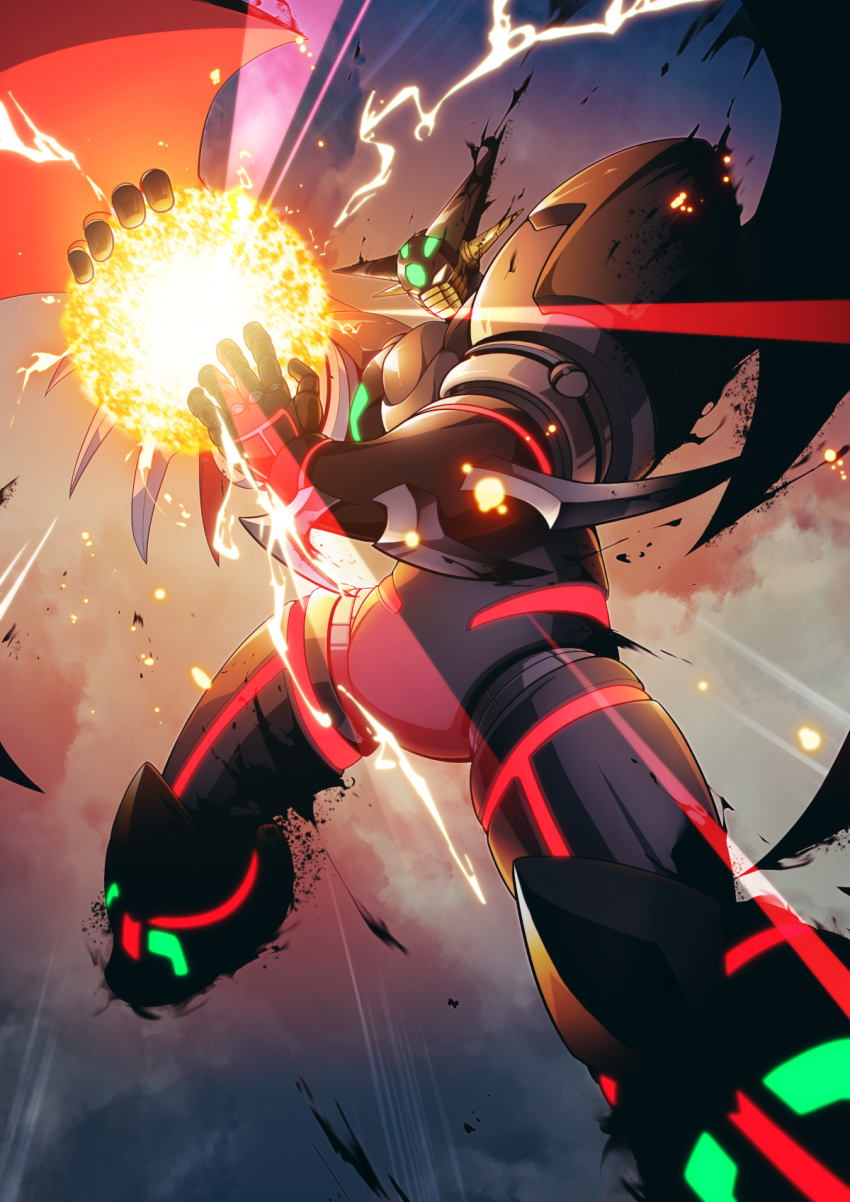 cloud darkness electricity energy_ball floating gamiani_zero getter_robo getter_robo_arc glowing highres horns mask mecha no_humans robot shin_getter_tarak sky solo spikes stoner_sunshine super_robot wings yellow_eyes