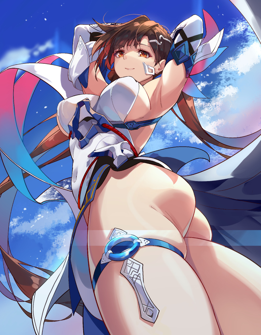 armpits ass blush breasts brown_eyes brown_hair china_dress chinese_clothes chinese_commentary cloud commentary_request dress elbow_gloves female gloves hair_ornament highres honkai_(series) honkai_impact_3rd large_breasts li_sushang li_sushang_(jade_knight) long_hair looking_at_viewer sideboob sky smile solo thigh_strap thighs white_dress zomzomzomsauce