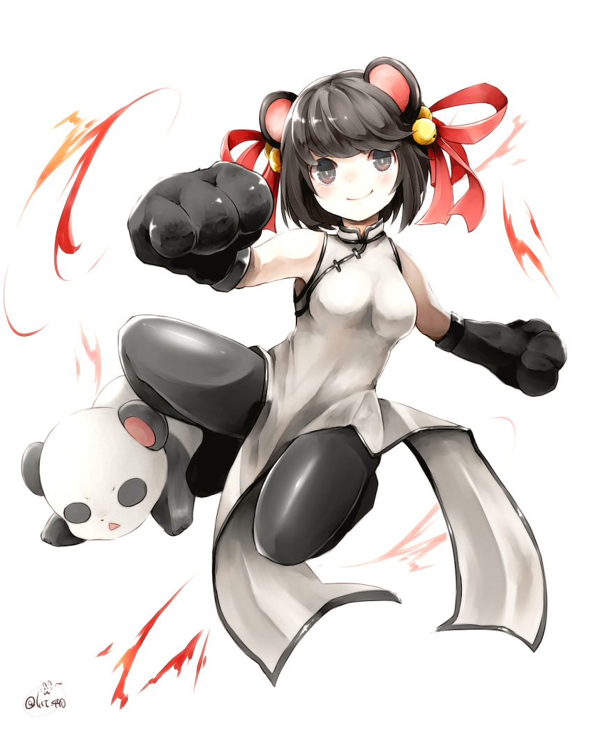 2016 action_pose animal_humanoid asian_clothing bear bell black_eyes black_hair breasts chita_(ketchup) clothing east_asian_clothing female gloves hair handwear hi_res humanoid mammal mammal_humanoid panda_humanoid paw_gloves pose short_hair simple_background smile solo surprise ursid_humanoid ursine ursine_humanoid white_background