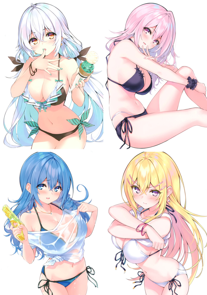 4girls absurdres bare_shoulders bikini blonde_hair blue_eyes blue_hair blush bracelet breasts cleavage cu-no fingernails food front-tie_bikini_top front-tie_top hakurei_botan halterneck highres hisen_kaede holding holding_food ice_cream jewelry kohitsuji_ai large_breasts long_hair looking_at_viewer medium_breasts multiple_girls nail_polish navel non-web_source orange_eyes parted_lips pink_hair purple_eyes rapua_qive scan scrunchie see-through side-tie_bikini_bottom simple_background sitting smile stomach string_bikini swimsuit thighs water_gun wet wet_clothes white_background white_hair wrist_scrunchie yayoi_sakura