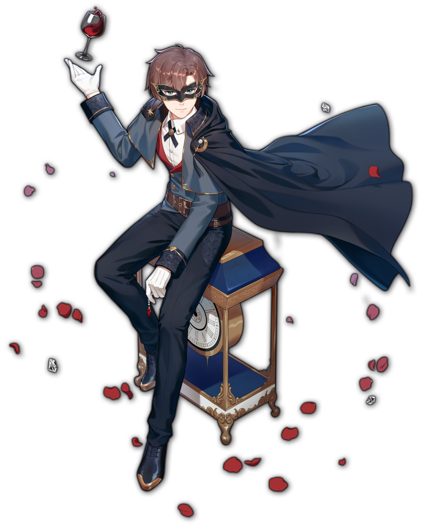 1boy alcohol artist_request belt blue_cape blue_pants brown_belt brown_hair cape clock collared_shirt cross_tie cup drinking_glass game_cg gloves green_eyes highres holding looking_at_viewer mahjong_soul male_focus mask masquerade_mask official_art pants petals red_wine shinomiya_natsuki_(mahjong_soul) shirt simple_background sitting solo tachi-e third-party_source transparent_background white_gloves white_shirt wine wine_glass