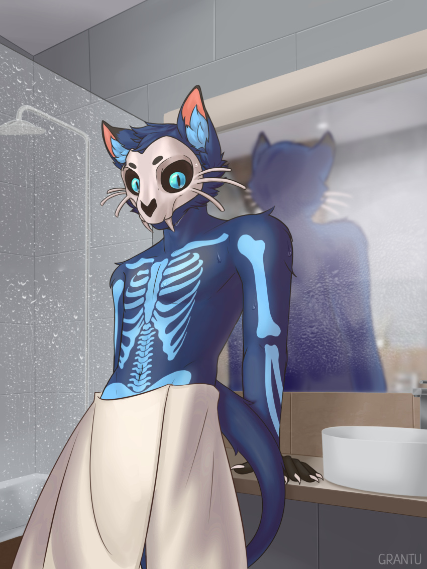 2023 3:4 anthro black_body black_fur blue_body blue_eyes blue_fur claws digital_media_(artwork) fangs felid feline fur fur_markings grantu hi_res inside looking_at_viewer male mammal markings mask mirror pixile_studios shower signature sink skeleton_(marking) skull_mask skullcat_(sar) solo standing super_animal_royale tail teeth towel wet whiskers