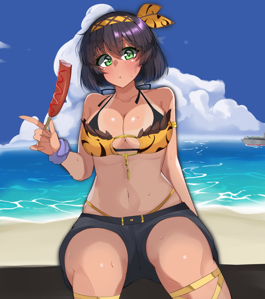 :t absurdres beach bikini bikini_under_clothes black_shorts blue_sky blush boat bob_cut breasts brown_hair cleavage closed_mouth cloud cloudy_sky commentary corn_dog dark-skinned_female dark_skin day eating female food girls_und_panzer green_eyes headband highres holding holding_food horizon hoshino_(girls_und_panzer) index_finger_raised kshimu large_breasts looking_at_viewer navel no_shirt o-ring o-ring_bikini ocean orange_bikini orange_headwear outdoors print_bikini print_headband short_hair short_shorts shorts sitting sky solo sweat swimsuit water watercraft wristband