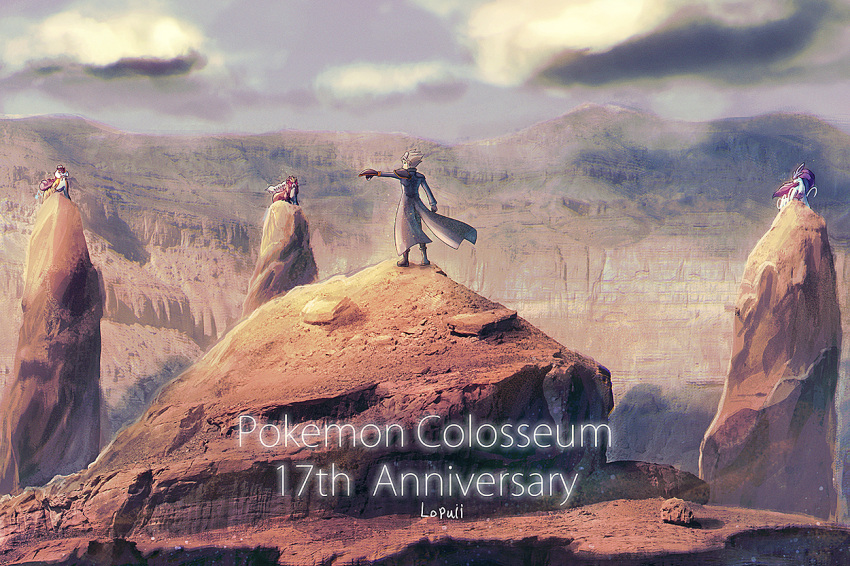 1boy anniversary blurry boots cloud coat commentary copyright_name day entei gloves grey_hair long_sleeves lopuii male_focus outdoors outstretched_arm pokemon pokemon_(creature) pokemon_colosseum raikou rock short_hair signature sky spiked_hair standing suicune visor wes_(pokemon)