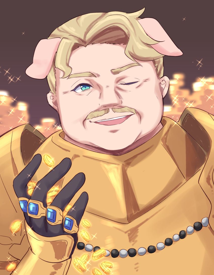 1boy ;d animal_ears armor azold_(princess_connect!) black_gloves blonde_hair blue_eyes blue_gemstone breastplate coin commentary_request facial_hair gauntlets gem gloves gucchiann hand_up highres jewelry looking_at_viewer male_focus moustache one_eye_closed pig_boy pig_ears princess_connect! ring smile solo sparkle thick_eyebrows upper_body