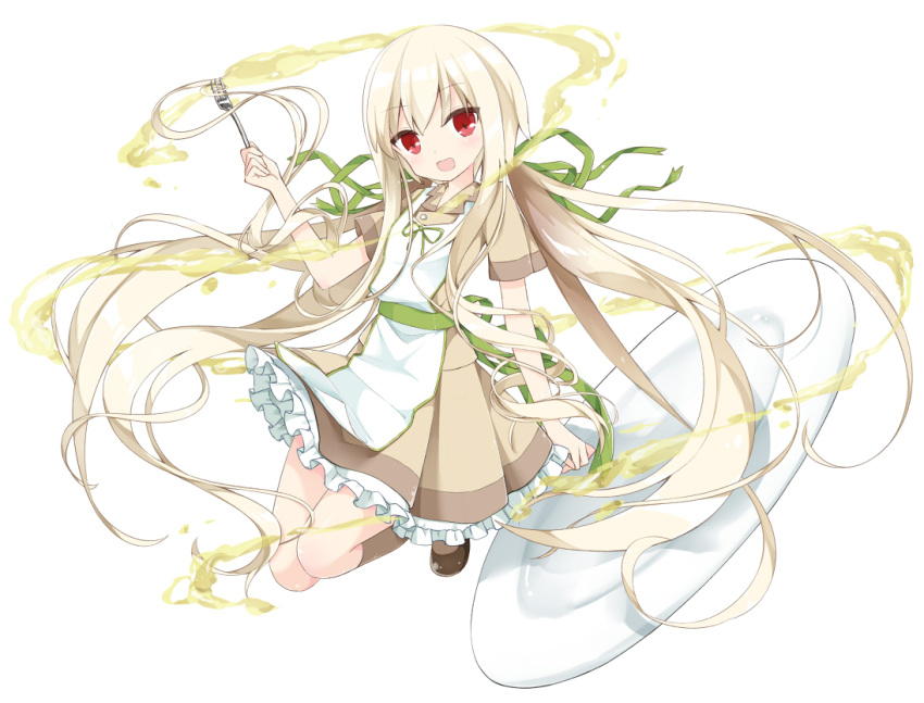 arm_up blonde_hair female flat_chest floating floating_hair fork green_ribbons holding kamu_(geeenius) long_hair looking_at_viewer maid open_mouth original plate red_eyes ribbon sidelocks simple_background solo very_long_hair