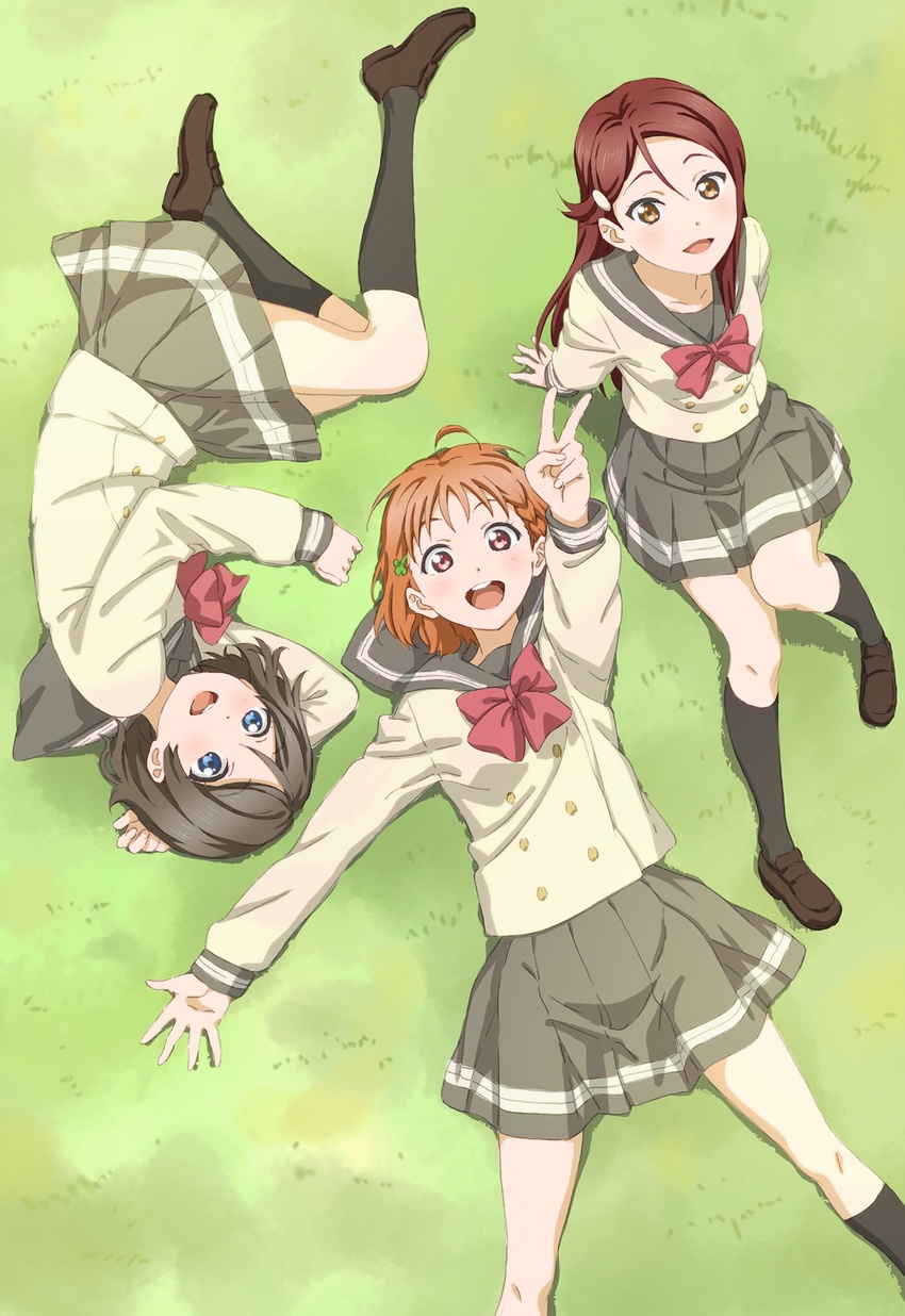 blue_eyes bow bowtie brown_hair commentary_request grass grey_sailor_collar grey_skirt hair_ornament highres long_hair love_live! love_live!_sunshine!! multiple_girls nakamura_kou orange_hair pleated_skirt red_hair sailor_collar sakurauchi_riko school_uniform short_hair skirt smile takami_chika uranohoshi_school_uniform v watanabe_you