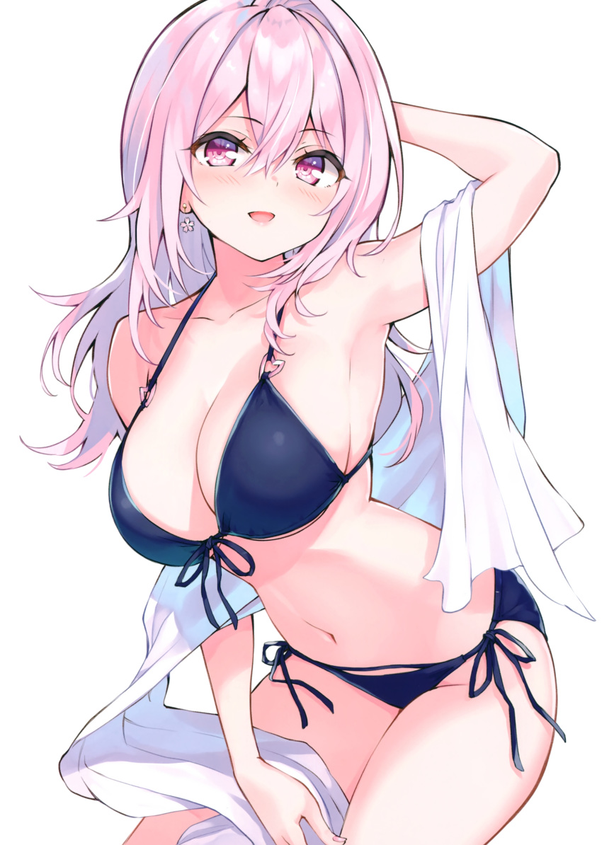 :d absurdres arm_behind_head arm_up armpits bare_shoulders bikini black_bikini blush breasts cleavage collarbone cu-no earrings female flower_earrings front-tie_bikini_top front-tie_top groin hair_between_eyes halterneck heart_o-ring highres hisen_kaede jewelry large_breasts leaning_forward long_hair looking_at_viewer navel non-web_source open_mouth pink_hair purple_eyes scan shawl side-tie_bikini_bottom simple_background single_hair_intake smile solo string_bikini swimsuit white_background yayoi_sakura