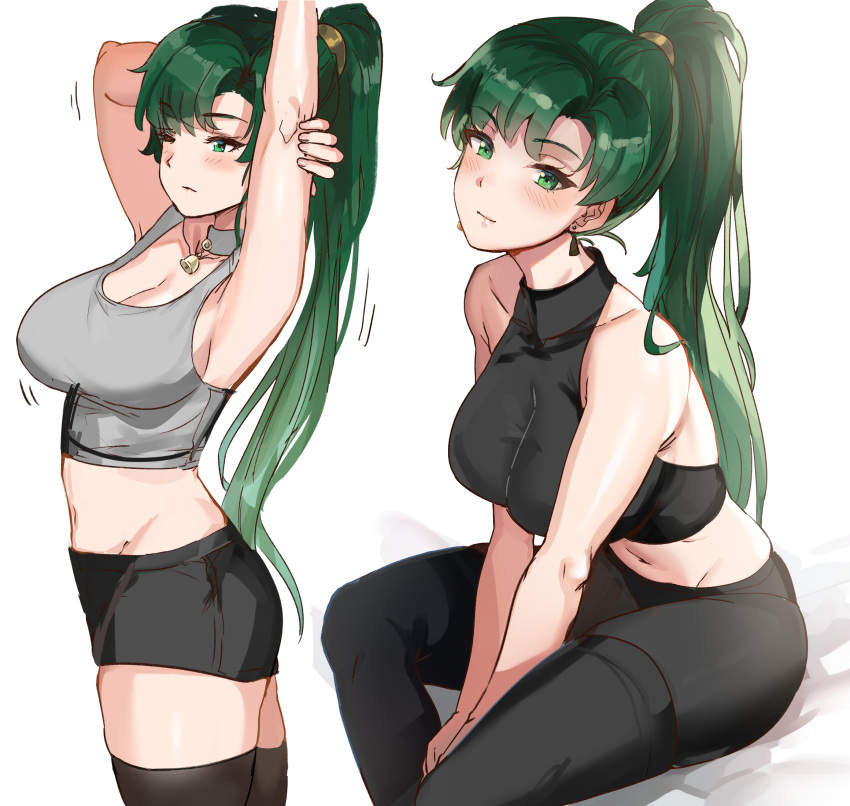 arm_behind_head arm_up armpits asymmetrical_bangs blush breasts cleavage collar earrings female fire_emblem fire_emblem:_the_blazing_blade green_eyes green_hair hairband halterneck high_ponytail highres horns jewelry large_breasts long_hair looking_at_viewer lyn_(fire_emblem) midriff multiple_views one_eye_closed ormille panties ponytail shorts simple_background sitting stretching tank_top thighhighs underwear very_long_hair white_background