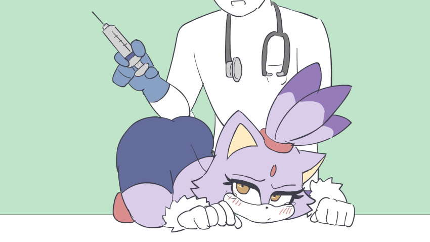 16:9 2023 all_fours ass ass_up blaze_the_cat blush blush_lines bodily_fluids bottomwear clothing dangoheart doctor duo examination felid female forehead_gem gem gloves handwear hi_res human male mammal medical_examination medical_instrument patient scientific_instrument sega shorts sonic_the_hedgehog_(series) stethoscope syringe tears veterinarian widescreen