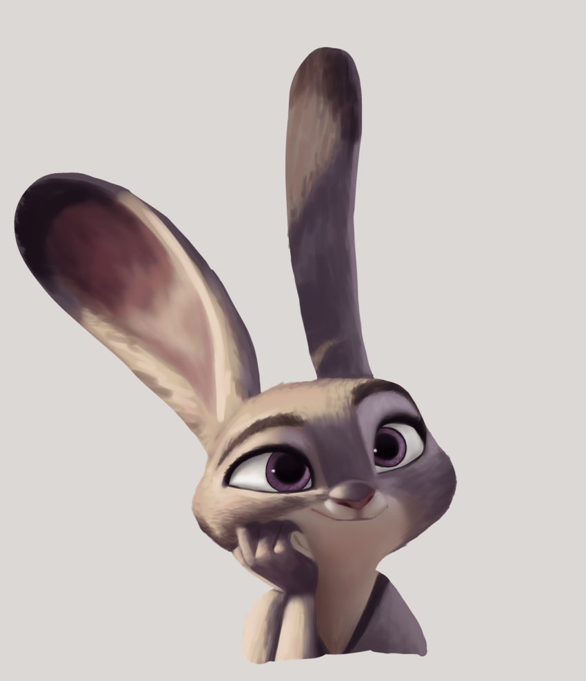 2020 anthro bust_portrait clothed clothing dipstick_ears disney ear_markings famished_(artist) fur grey_background grey_body grey_fur hi_res judy_hopps lagomorph leporid light lighting mammal multicolored_ears pink_nose portrait purple_eyes rabbit shirt simple_background smile solo topwear zootopia