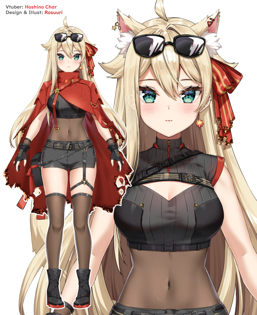 animal_ear_fluff animal_ears artist_name bands black_footwear black_gloves black_shorts blonde_hair blush bodystocking boots breasts cat_ears character_name cleavage_cutout cloak clothing_cutout covered_navel earrings eyewear_on_head female gloves highres hoshino_char jewelry kemonomimi_mode medium_breasts official_art partially_fingerless_gloves red_cloak rosuuri short_shorts shorts sunglasses thigh_strap thighhighs tsunderia virtual_youtuber