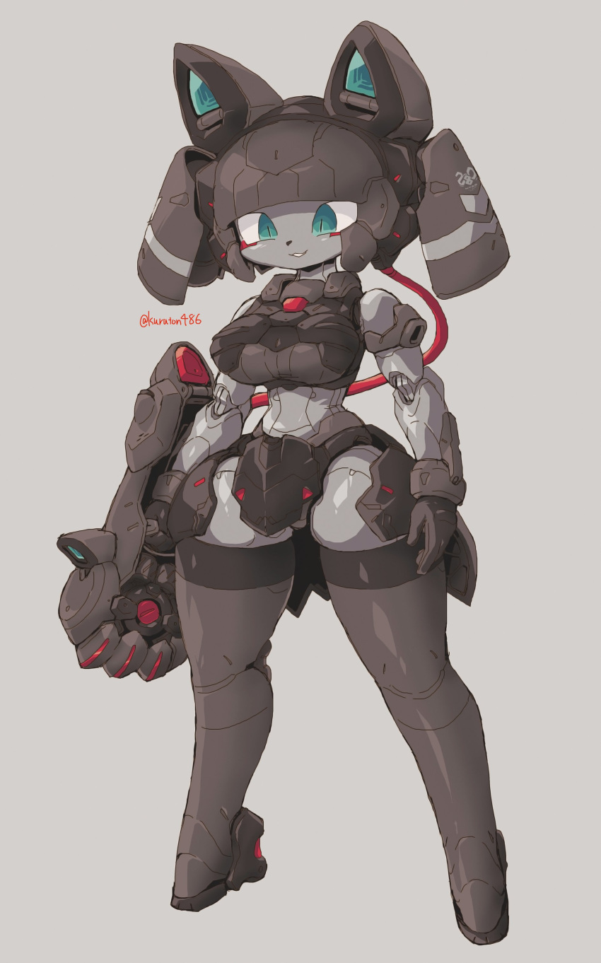 absurdres android animal_nose breasts cable female full_body grey_background highres holding holding_weapon kuruton486 looking_ahead medium_breasts metal_skin original parted_lips science_fiction simple_background smile solo twitter_username weapon