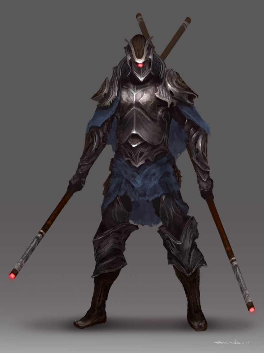 1other ambiguous_gender armor armored_boots blue_cape boots breastplate cape dated dual_wielding english_commentary fantasy full_body gauntlets glowing_headgear grey_background helmet highres holding holding_staff leg_armor original pauldrons satoru_wada shoulder_armor signature solo staff standing