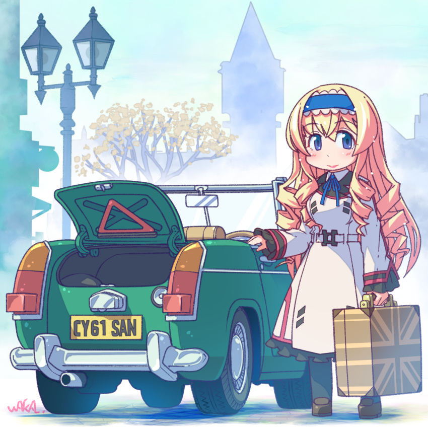 blonde_hair blue_eyes blue_hairband car cecilia_alcott commentary_request commission dress female full_body green_car hairband highres infinite_stratos infinite_stratos_academy_school_uniform lamppost long_hair looking_at_viewer motor_vehicle school_uniform skeb_commission solo suitcase union_jack vehicle_focus waka_(sagi) white_dress