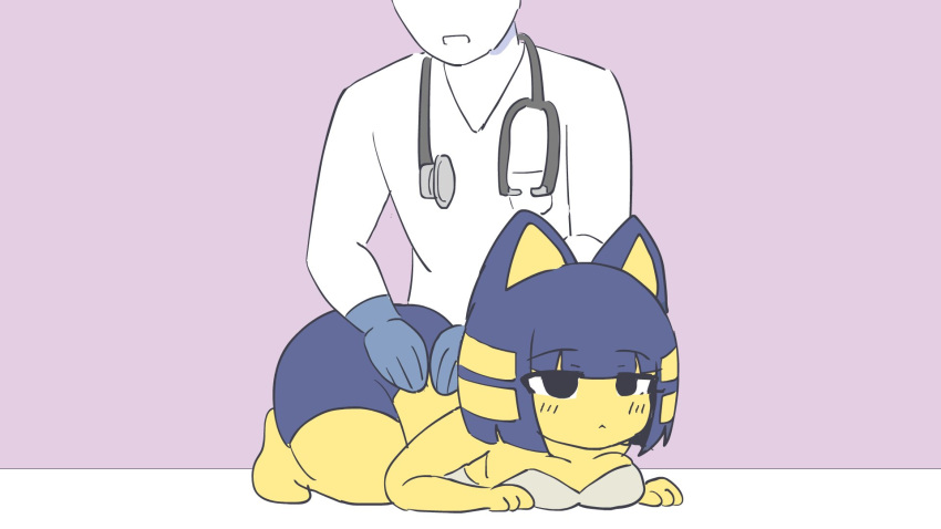 16:9 2023 5_fingers animal_crossing ankha_(animal_crossing) anthro ass big_breasts blush blush_lines bottomwear breasts clothing dangoheart doctor domestic_cat duo examination felid feline felis female fingers fur gloves handwear hi_res human lying male mammal medical_examination medical_instrument nintendo on_front patient scientific_instrument shorts stethoscope veterinarian widescreen yellow_body yellow_fur