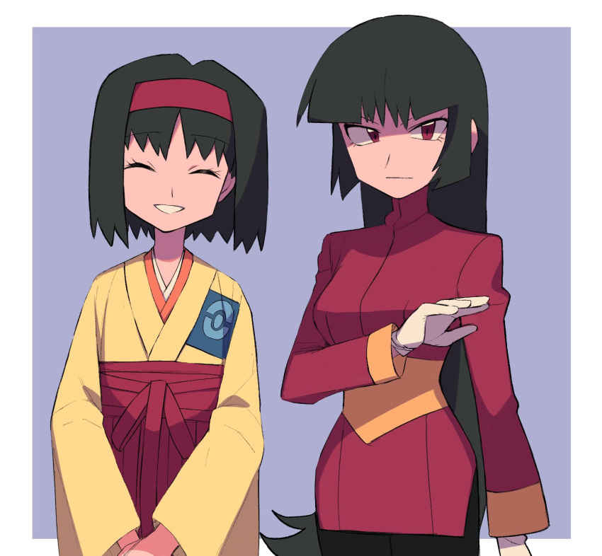 2girls black_hair black_legwear blunt_bangs border breasts closed_eyes closed_mouth commentary_request cropped_jacket erika_(pokemon) eyelashes facing_viewer gloves grey_background hairband hakama hakama_skirt highres jacket japanese_clothes kimono long_hair long_sleeves looking_at_viewer multiple_girls outside_border pantyhose pencil_skirt poke_ball_print pokemon pokemon_rgby red_eyes red_hairband red_hakama red_jacket red_skirt sabrina_(pokemon) short_hair side_slit skirt smile turtleneck turtleneck_jacket tyako_089 white_border white_gloves yellow_kimono