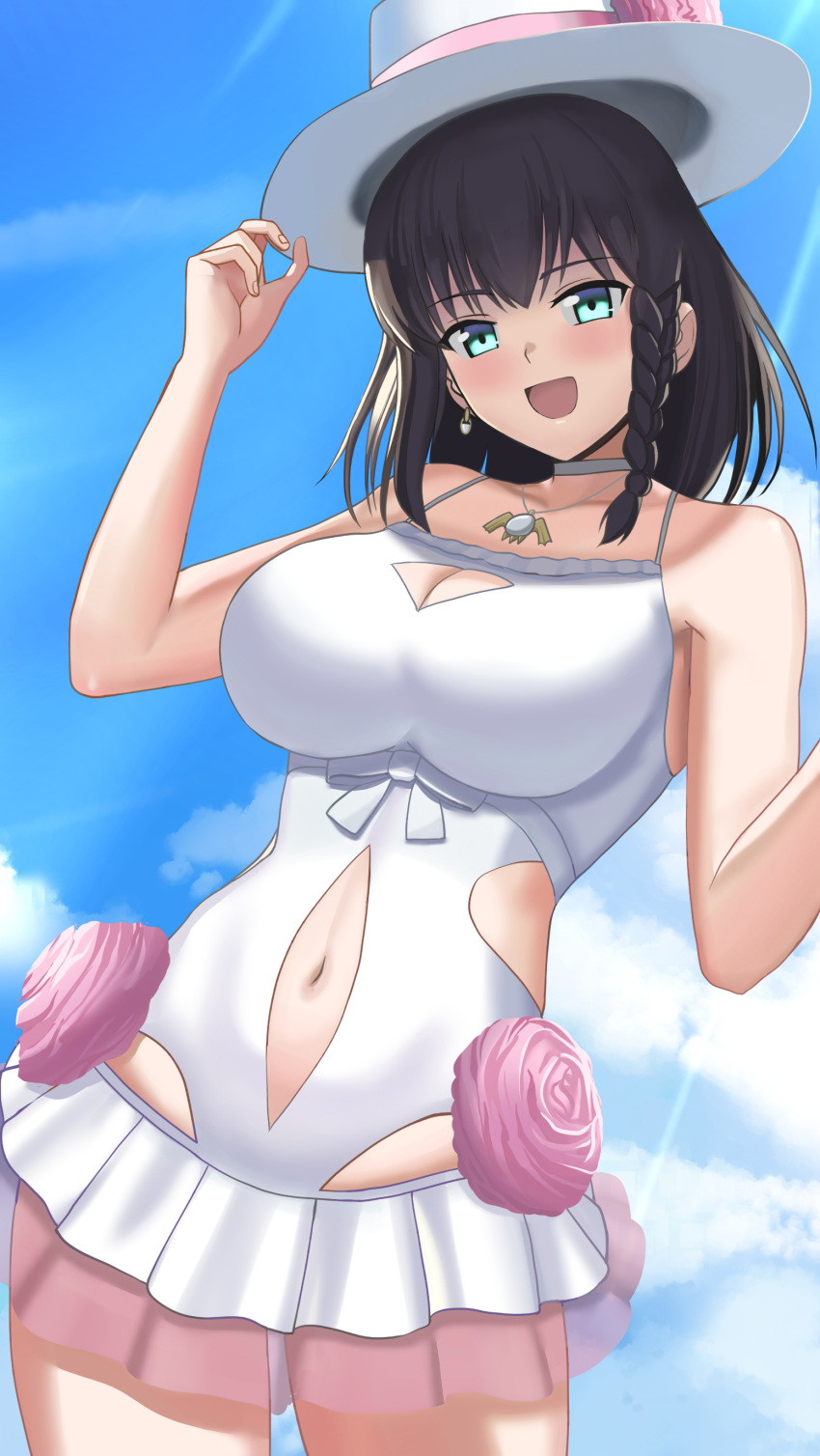 absurdres bare_shoulders braid breasts brown_hair charlotte_corday_(fate) charlotte_corday_(swimsuit_caster)_(fate) charlotte_corday_(swimsuit_caster)_(second_ascension)_(fate) choker cleavage collarbone fate/grand_order fate_(series) female flower green_eyes hat highleg highleg_swimsuit highres higofushi jewelry large_breasts looking_at_viewer miniskirt navel necklace one-piece_swimsuit open_mouth pendant short_hair side_braid skirt smile solo swimsuit thigh_strap thighs white_hat white_one-piece_swimsuit