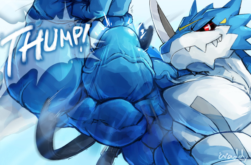 anthro bandai_namco belt biceps big_biceps big_muscles clothing digimon digimon_(species) exveemon flexing flexing_bicep hi_res male muscular muscular_male pecs solo torn_clothing vein veiny_muscles waddledox