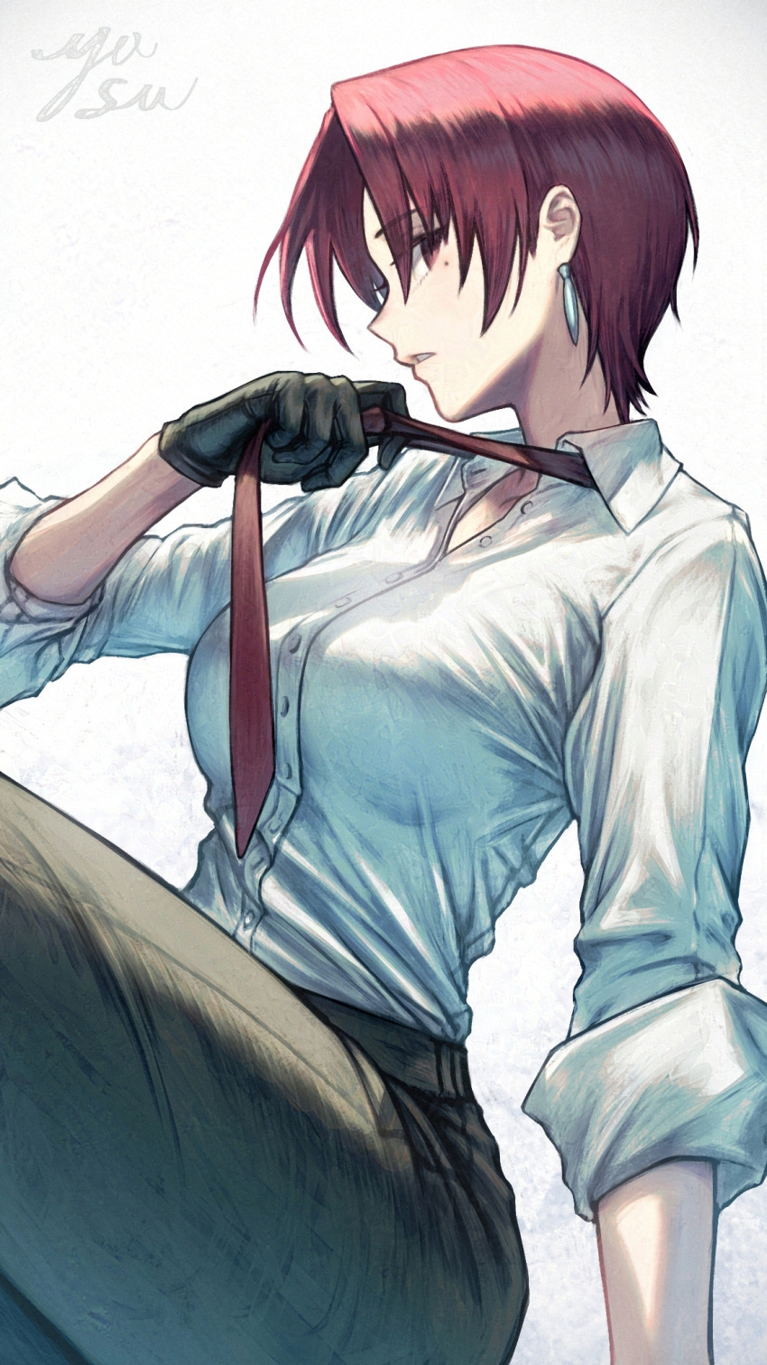 bazett_fraga_mcremitz black_gloves black_pants breasts collared_shirt dress_shirt earrings fate/hollow_ataraxia fate_(series) female gloves highres jewelry large_breasts looking_at_viewer mole mole_under_eye necktie pants parted_bangs red_eyes red_hair shirt short_hair sleeves_rolled_up solo thighs white_shirt yasu_(segawahiroyasu)