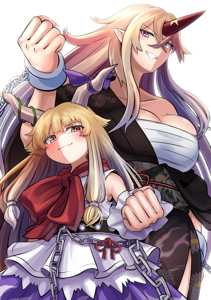 2girls absurdres blonde_hair blush breasts chains chest_sarashi clenched_hand cuffs elaphe_guttata6 foul_detective_satori highres horns hoshiguma_yuugi hoshiguma_yuugi_(kimono) ibuki_suika japanese_clothes kimono large_breasts long_hair multiple_girls oni sarashi shackles single_horn touhou