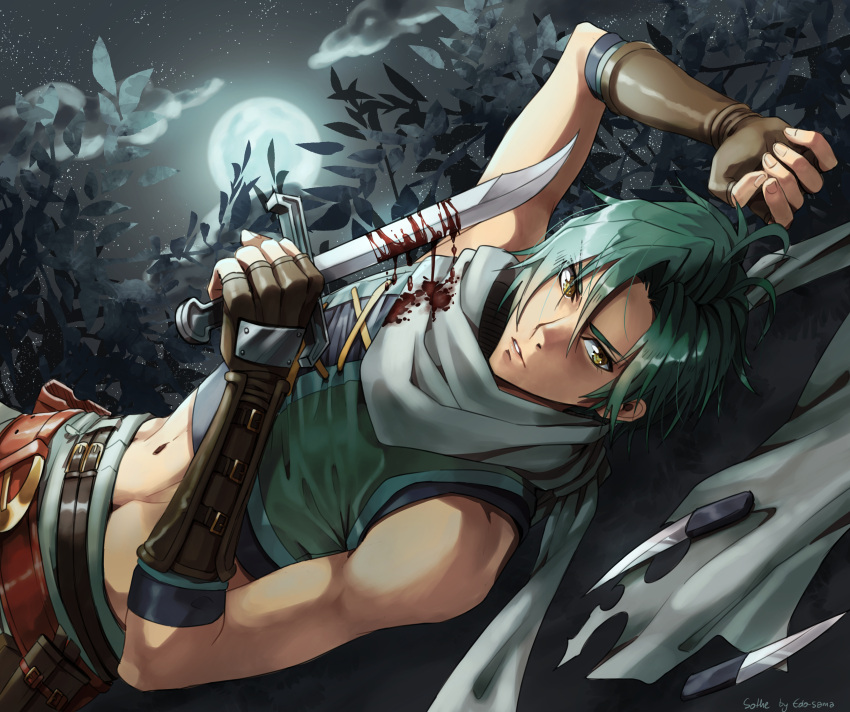 1boy absurdres artist_name blood blood_in_hair blood_on_clothes blood_on_weapon character_name commentary crop_top cross-laced_clothes cross-laced_top edo-sama english_commentary fingerless_gloves fire_emblem fire_emblem:_radiant_dawn foliage full_moon gloves green_hair highres holding holding_knife holding_weapon knife looking_at_viewer lying male_focus moon navel night night_sky on_back outdoors parted_lips scarf short_hair sky sleeveless solo sothe_(fire_emblem) star_(sky) weapon yellow_eyes