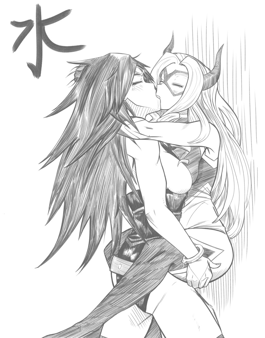 2girls absurdres arms_around_neck bodysuit boku_no_hero_academia breasts closed_eyes domino_mask grabbing_another's_thighs greyscale highres horns kissing large_breasts leotard lifting_person long_hair mask midnight_(boku_no_hero_academia) monochrome mount_lady multiple_girls thighhighs yuri