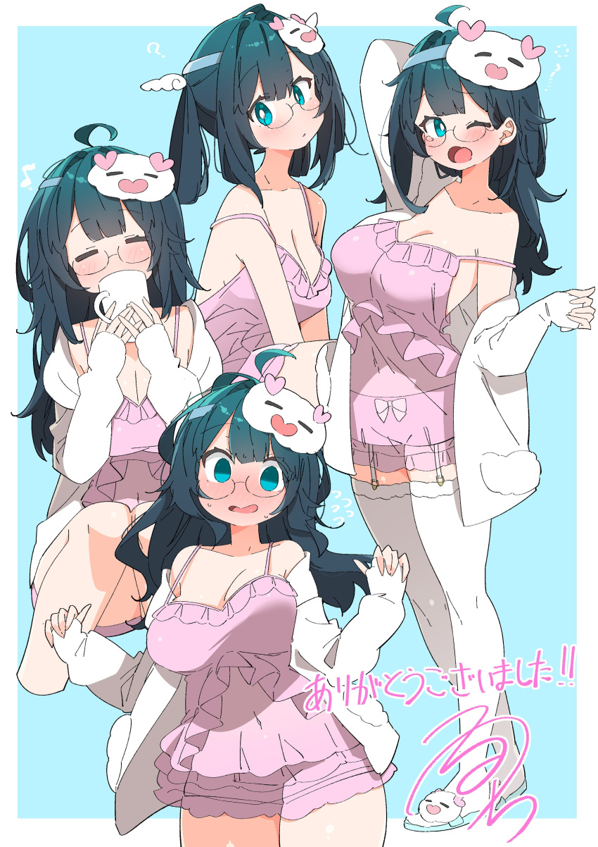 absurdres amano_nene_(vtuber) amano_nene_(vtuber)_(pajama) black_garter_straps black_hair bloomers blue_eyes blurry blurry_background blush breasts bright_pupils camisole character_mask cleavage cloudtomo_(amano_nene) coffee_mug commission cup female frilled_camisole frills garter_straps glasses highres holding holding_cup jacket large_breasts long_hair mask mask_on_head mug multiple_views official_alternate_costume open_clothes open_jacket pink_bloomers pink_camisole production_kawaii sandals see-through_camisole see-through_clothes signature skeb_commission sleep_mask sleepwear spaghetti_strap thighhighs uruti_2388 virtual_youtuber waking_up white_garter_straps white_jacket white_pupils white_thighhighs yawning