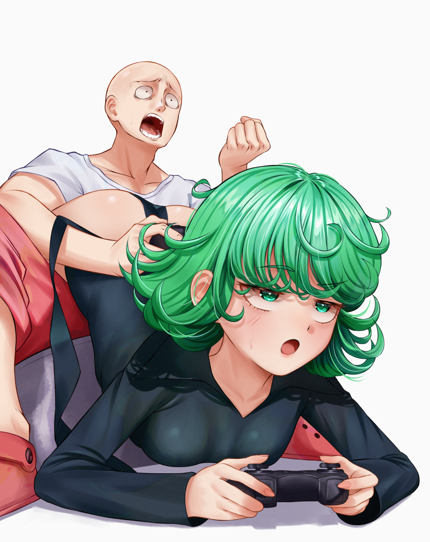 1boy absurdres ass bald black_dress blush breasts commission controller crocs curly_hair dress english_commentary female game_controller green_eyes green_hair highres long_sleeves medium_breasts one-punch_man open_mouth pietrosatou playing_games red_shorts saitama_(one-punch_man) shirt shorts sitting tatsumaki upside-down white_shirt