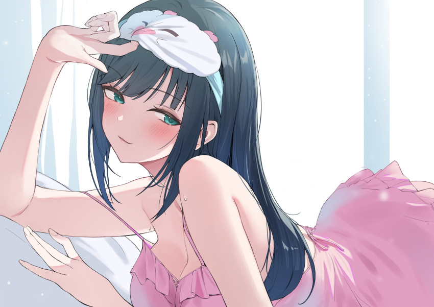 absurdres amano_nene_(vtuber) amano_nene_(vtuber)_(pajama) aqua_eyes arched_back backlighting black_hair blush breasts closed_mouth commentary commission english_commentary ev_(dai00888) female fingernails frilled_nightgown from_side highres large_breasts long_hair looking_at_viewer lying mask mask_on_head mask_pull nightgown official_alternate_costume on_bed on_stomach pink_light production_kawaii second-party_source seductive_smile skeb_commission sleep_mask sleepwear smile solo spaghetti_strap strap_slip virtual_youtuber waking_up