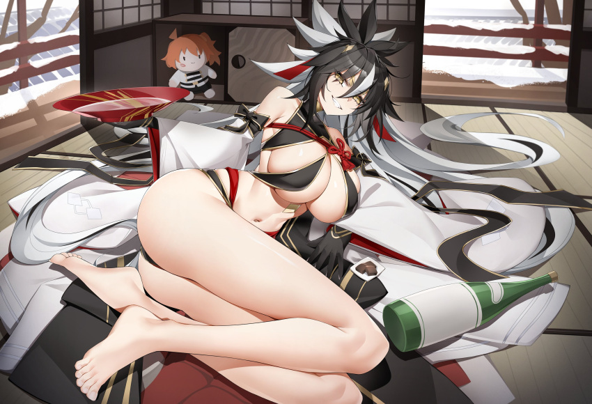 bare_legs barefoot breasts casul cleavage facial_mark fate/grand_order fate_(series) feet female forehead_mark fujimaru_ritsuka_(female) gloves high_ponytail highres historical_connection large_breasts legs long_hair long_legs long_sleeves looking_at_viewer nagao_kagetora_(fate) navel smile solo stuffed_toy toenails toes uesugi_kenshin_(fate) uesugi_kenshin_(third_ascension)_(fate) wide_sleeves