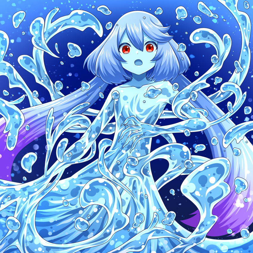 1boy 999shark_sushi absurdres blue_hair blue_skin collarbone colored_skin commentary_request gradient_hair highres long_hair looking_at_viewer monster_boy multicolored_hair open_mouth original otoko_no_ko purple_hair red_eyes slime_boy solo two-tone_hair very_long_hair water