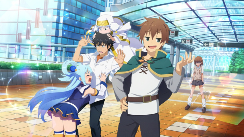 2boys 3girls a_certain_high_school_uniform aqua_(konosuba) artist_request bare_shoulders belt biting biting_head black_hair black_pants blue_hair blue_shirt blue_skirt blush brown_belt brown_eyes brown_hair brown_sweater_vest building bush cape closed_eyes collared_shirt crossover detached_sleeves electricity electrokinesis faceless faceless_female facing_another green_cape green_eyes hand_on_own_hip hand_up hands_up hug index_(toaru_majutsu_no_index) kamijou_touma kneeling kono_subarashii_sekai_ni_shukufuku_wo! long_hair looking_at_another looking_at_viewer medium_hair misaka_mikoto multiple_boys multiple_girls official_art orange_shirt outdoors pants satou_kazuma school_emblem school_uniform second-party_source shirt short_hair short_sleeves single_hair_ring skirt sleeveless sleeveless_shirt sparkle spiked_hair standing summer_uniform sweater_vest toaru_kagaku_no_railgun toaru_majutsu_no_index tokiwadai_school_uniform white_shirt